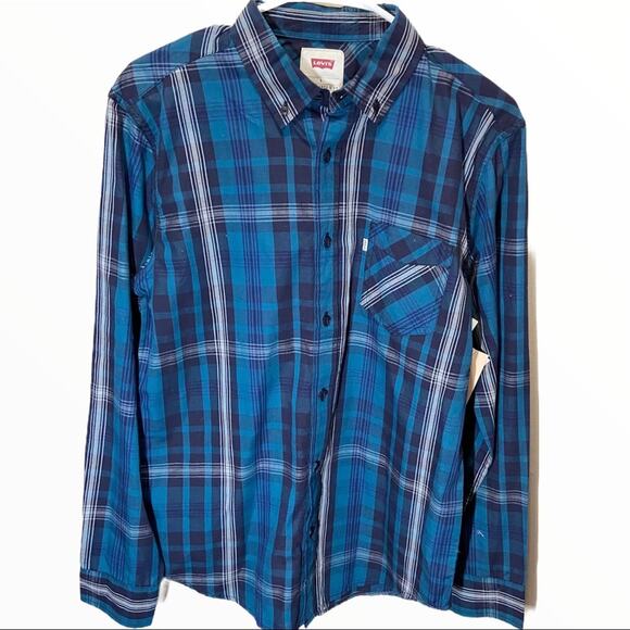 Levi’s Button Down Shirt Chest Pocket Checkered Indigo Navy Blue Small NWT - Picture 1 of 4